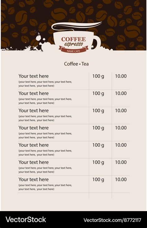 Menu price list for coffee beans Royalty Free Vector Image