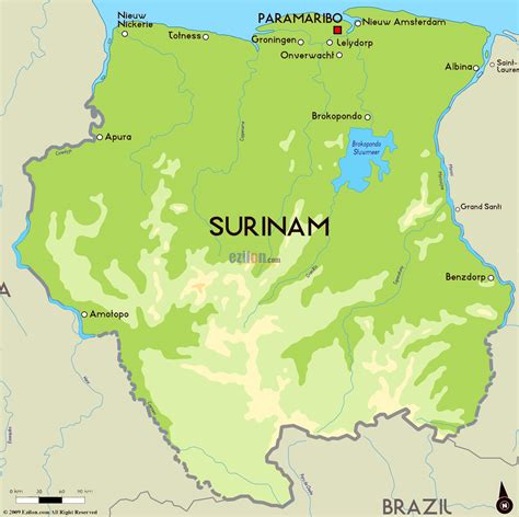 Large physical map of Suriname with major cities | Suriname | South ...