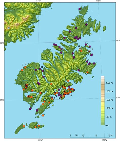 Map of Kodiak Island showing Koniag sites with pottery (orange) and ...