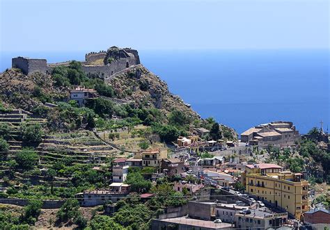 Castelmola a hilltop village above Taormina, crowned by a ruined castle ...