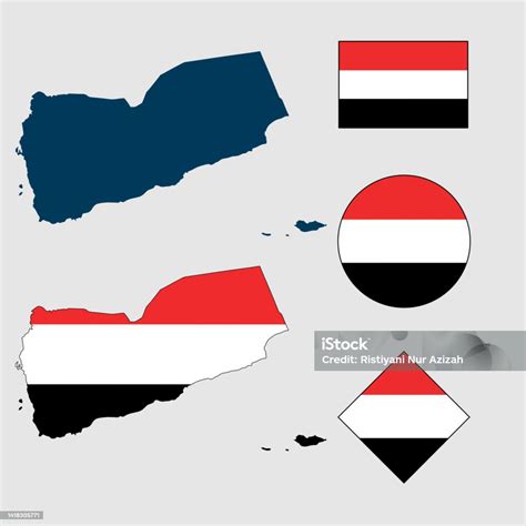 Vector Of Yemen Country Map Outline Silhouette With Flag Set Isolated ...