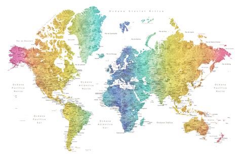 Karte World map with labels in Spanish, rainbow watercolor, Blursbyai ǀ ...