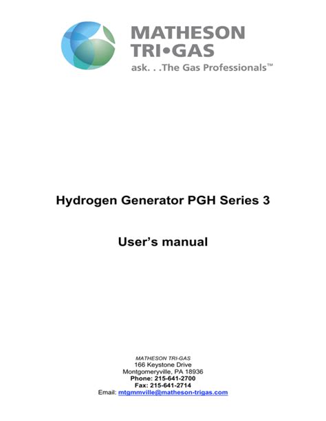 Hydrogen Generator PGH Series 3 User`s manual | Manualzz