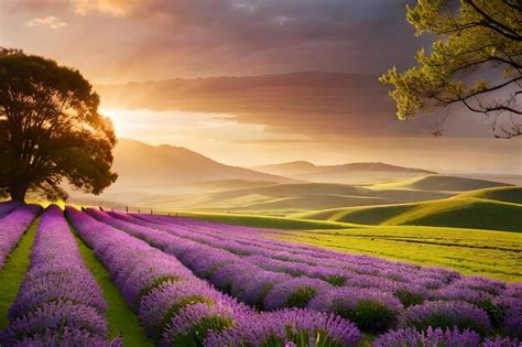 Premium Photo | Lavender fields in the sunset