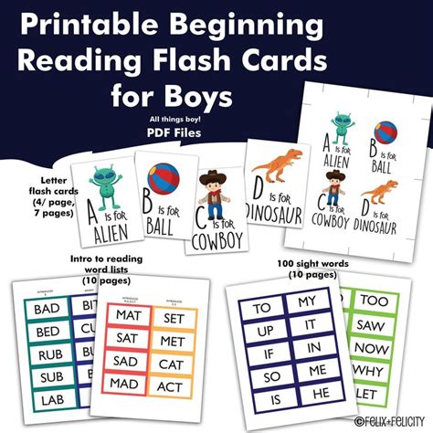 Printable Beginning Reading Flash Card Set for Boys Preschool Pre-K ...