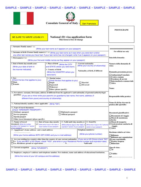 Italy National (D) Visa Application Form - Fill and Sign Printable ...