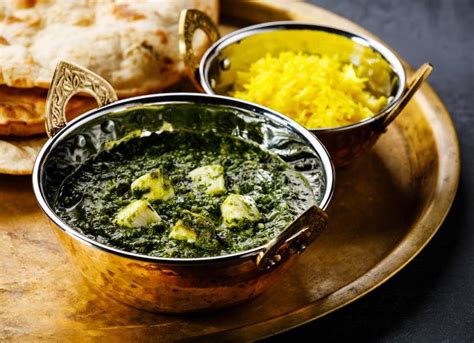 Palak Paneer Indian Food with Cheese and Spinach, Naan Bread and ...