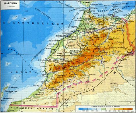 Large detailed physical map of Morocco with roads and cities in Russian ...