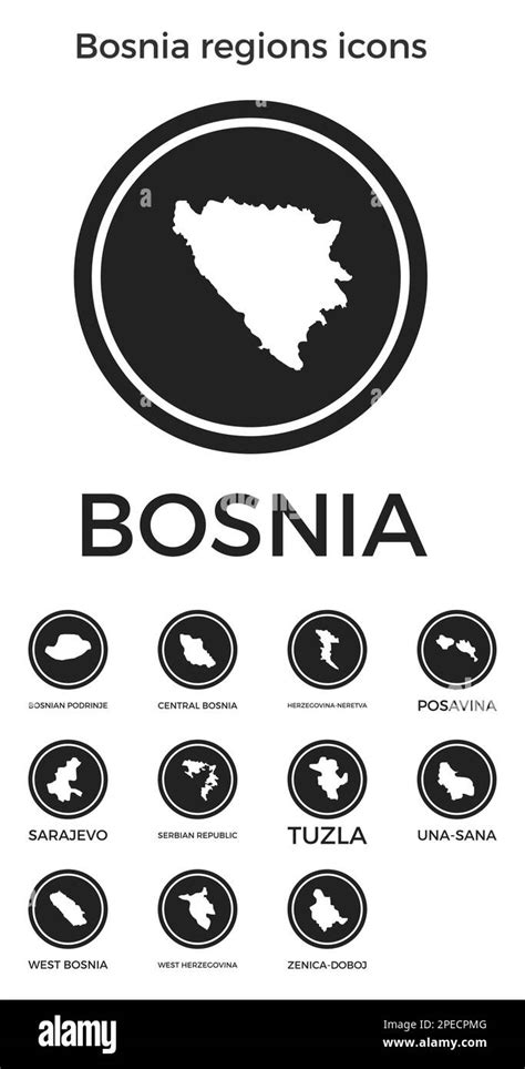 Bosnia regions icons. Black round logos with country regions maps and ...