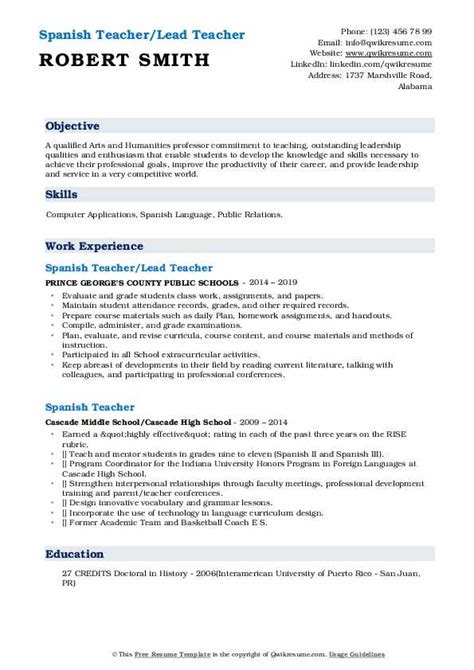 Spanish Teacher Resume Samples | QwikResume