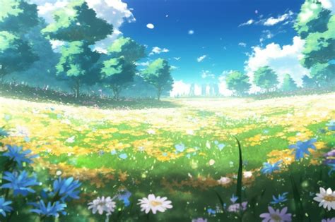 Premium Photo | Anime landscape with a field of flowers and a blue sky ...