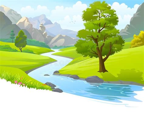 An illustration of a river flowing through mountains, hills and through ...