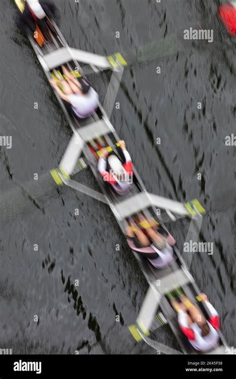 Overhead view of a crew rowing in an octuple racing shell boat, rowers ...