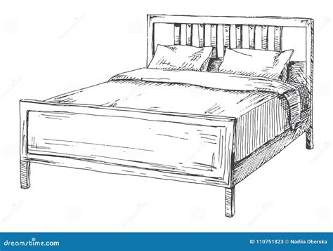 Double Bed Isolated on White Background. Vector Illustration in Sketch ...