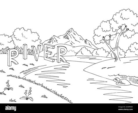 Mountain river graphic black white landscape sketch illustration vector ...