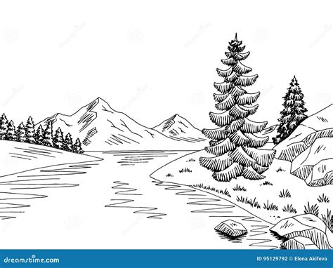 Mountain River Graphic Black White Landscape Sketch Illustration Stock ...