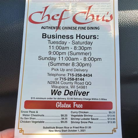 Menu at Chef Chu's Chinese Cuisine restaurant, Waupaca