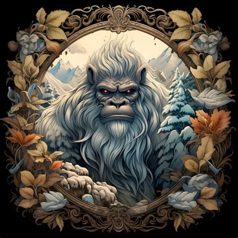 Premium AI Image | Yeti Himalayan Folklore in an ornate frame with leaves