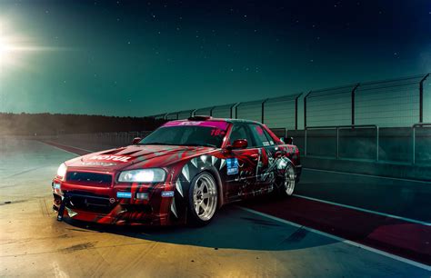 HD wallpaper nissan skyline r34 gtr night raceway drift car track