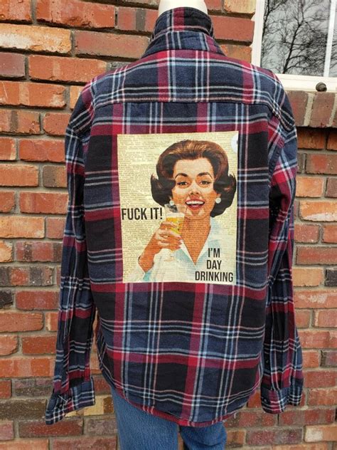 Day Drinking Meme Thrifted repurposed flannel shirt with patch | Etsy