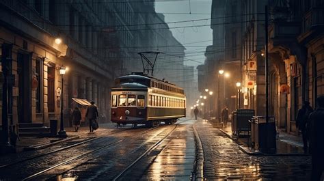 Premium AI Image | A tram on a city street at night