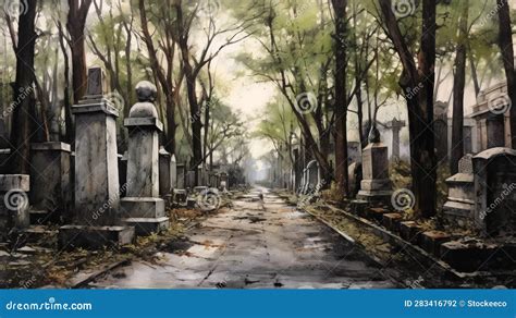 Abandoned Cemetery Street: Realistic Watercolor Painting Stock ...