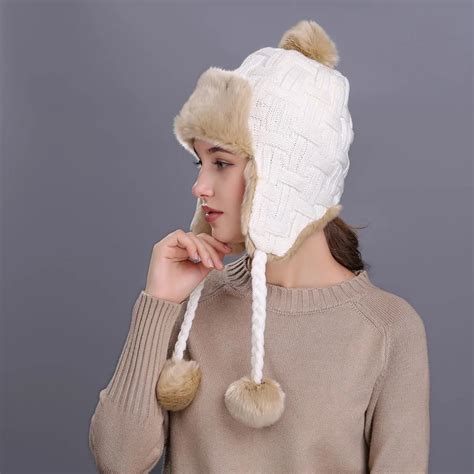 KLV Plaid women's hat Warm Winter Hat with Ear Flaps Snow Ski Thick ...