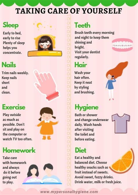 Taking care of yourself; sleep, teeth, nails, hair, exercise, hygiene ...