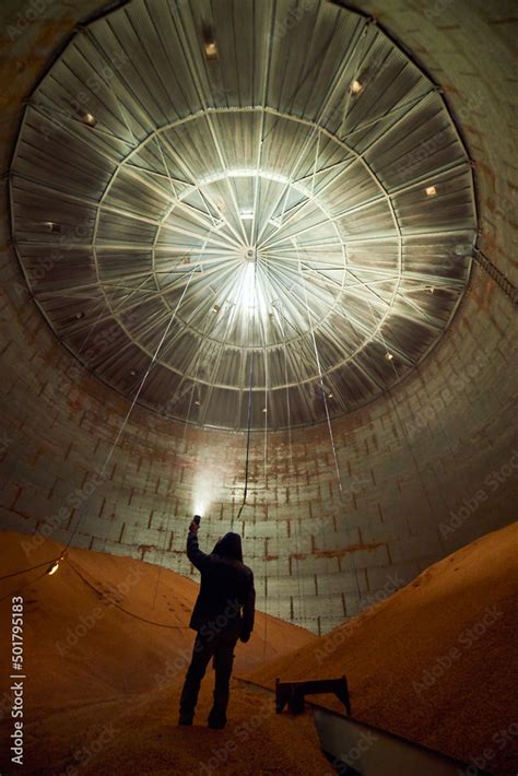 Inside of metal elevator (grain silo) in agriculture zone. Grain ...