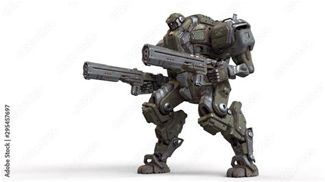 3d illustration of sci-fi mech soldier standing with two assault guns ...