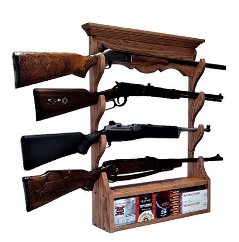 Oak Wooden Gun Rack 4 Place Rifle Shotgun Wall Display - Ammo Storage ...