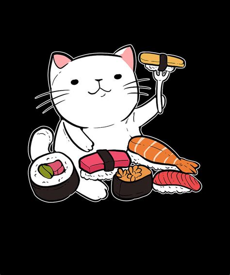 Cute Sushi Cat Eating Ramen Japanese Anime Manga Painting by Amango Design