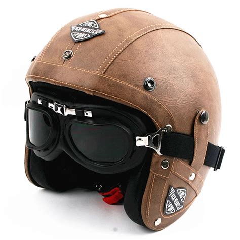 Hot Sell Men Vintage Leather Motorcycle Helmet Open Face Retro Pilot ...