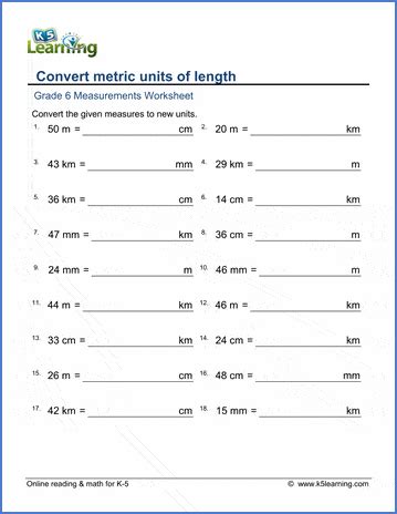 Grade 6 math worksheet - Measurement: convert metric lengths using ...