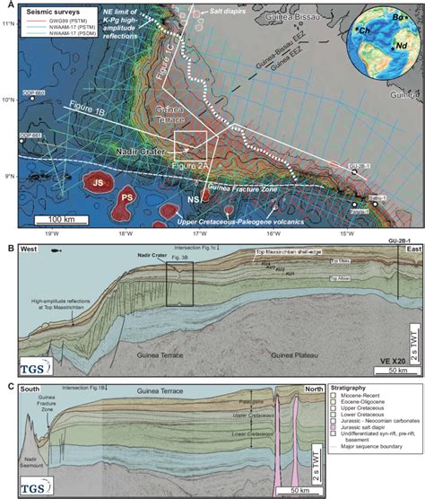 Map and regional seismic sections showing location of Nadir Crater. (A ...