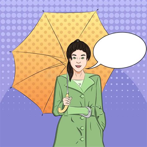 Pop Art Background. Girl Under An Umbrella In A Raincoat, Rain In ...