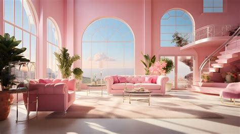 Premium AI Image | Pink barbie dreamy living room with a pink sofa and ...