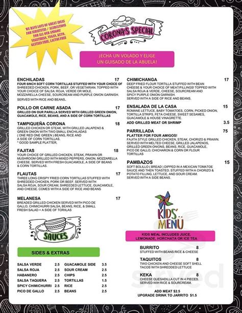 CORONA'S MEXICAN RESTAURANT menu in Mission, British Columbia