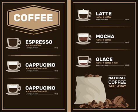 Coffee menu with price list. Types of coffee preparation with cup ...