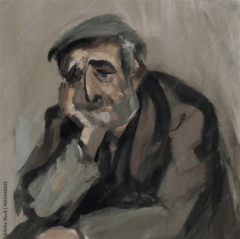 Painting of old man thinking holding his face with his hand. Sad old ...