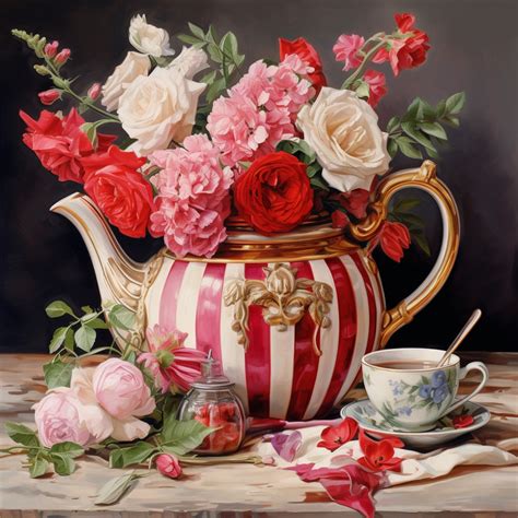 Candy Striped Floral Teapot Art Free Stock Photo - Public Domain Pictures