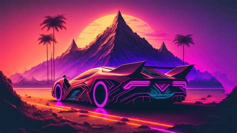 Sports Car In A Futuristic Mountain Sunset Wallpaper 8K