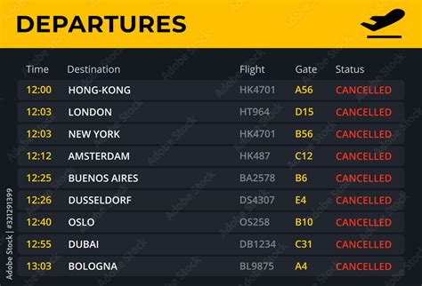 Departure board with all flights cancelled status. Airport schedule ...