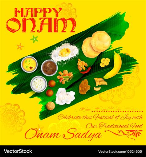 Onam sadya feast on banana leaf Royalty Free Vector Image