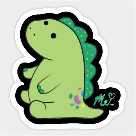 a green dinosaur sticker with the word me on it