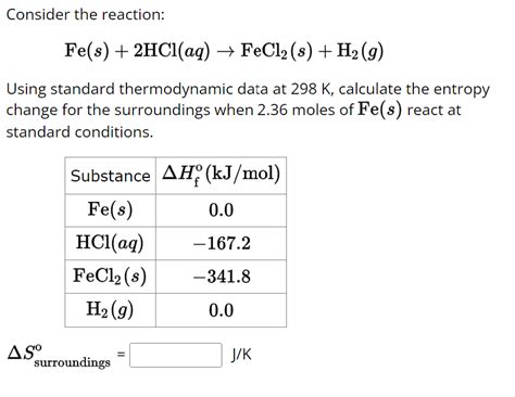 Solved Consider the reaction: Fe(s)+2HCl(aq)→FeCl2(s)+H2(g) | Chegg.com