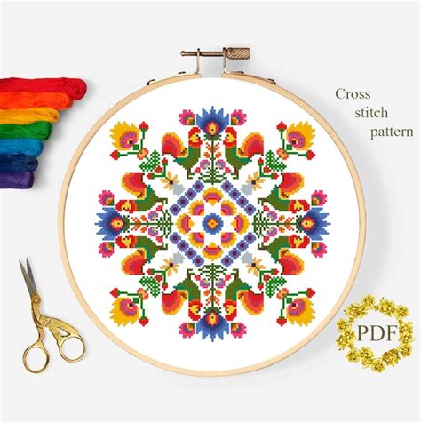 Polish Folk Art Modern Cross Stitch Pattern Flowers Cross | Etsy