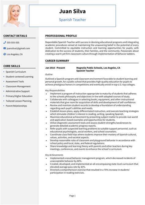 Spanish Teacher resume example + guide [Secure interviews]