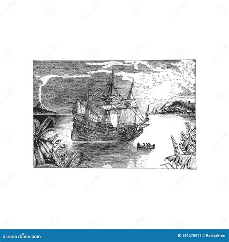 Marine View with Sailing Ship, Fluyt in Vector Stock Illustration ...