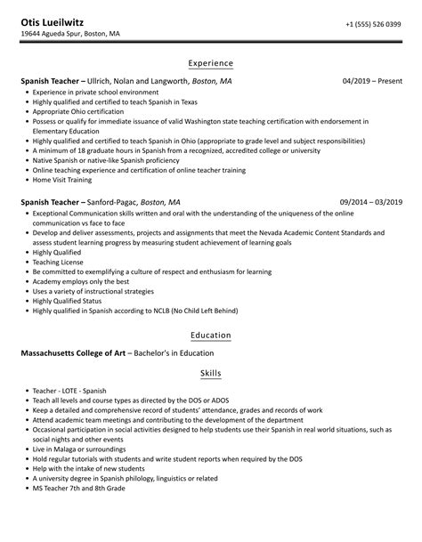 Spanish Teacher Resume Samples | Velvet Jobs